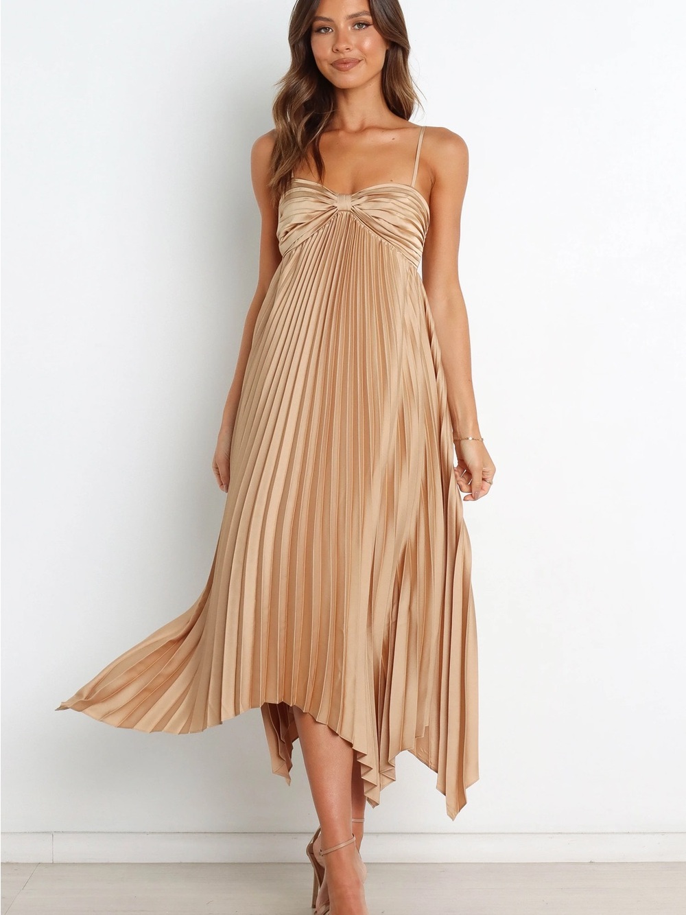 Petal & Pup Beige Pleated Midi Dress